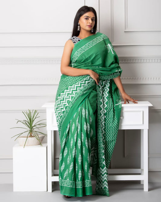 Green Hand Printed Mul Cotton Sarees with Blouse!!