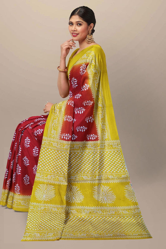 Maroon & Yellow Coloured Premium Mul Mul Cotton Beautiful Hand Block printed Women Daily/Party wear Saree with Blouse!!