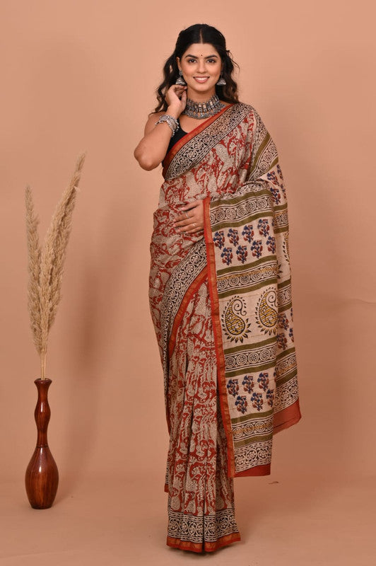 Brick Red & Multi Coloured Hand Block Printed Women Designer Party wear Chanderi Cotton Silk Saree with Runnin Blouse!!