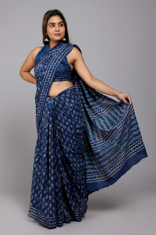 Blue Beautiful Hand Block Printed Cotton Saree with Blouse!!