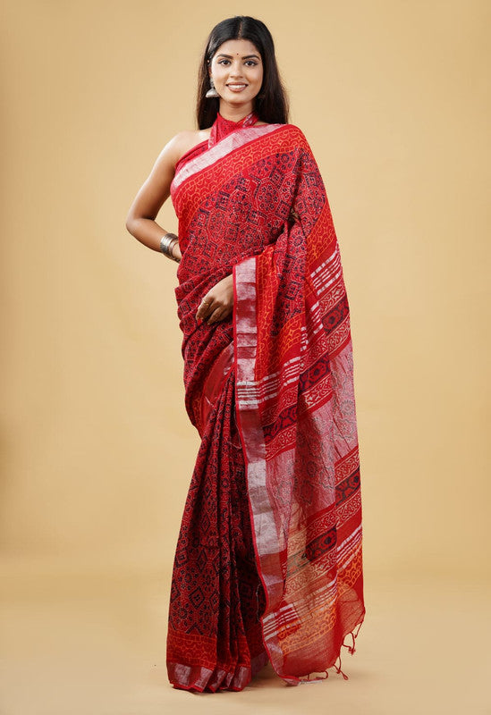 Maroon Coloured Linen Hand Block Print Saree with Linen Blouse!!