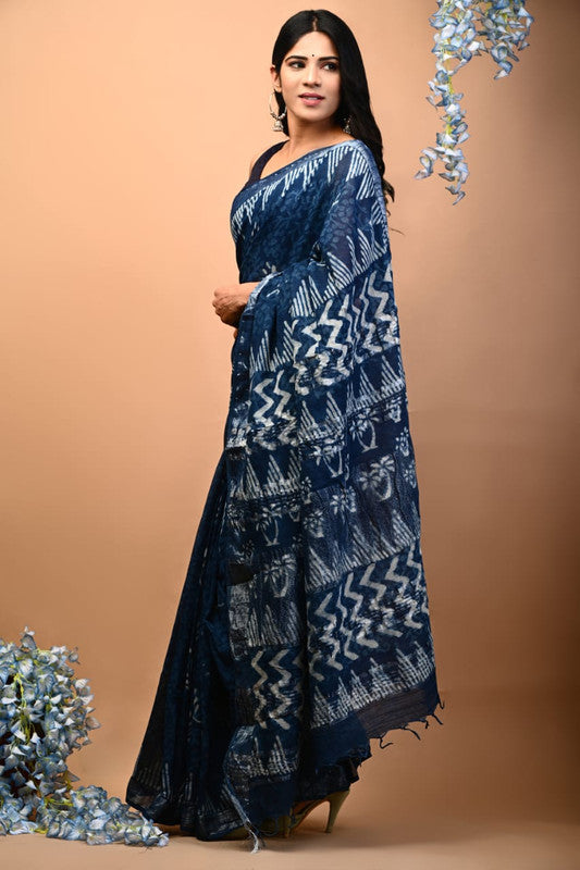 Blue & Multi Coloured Linen Cotton Beautiful Hand Block printed Women Daily/Party wear Saree with Blouse!!