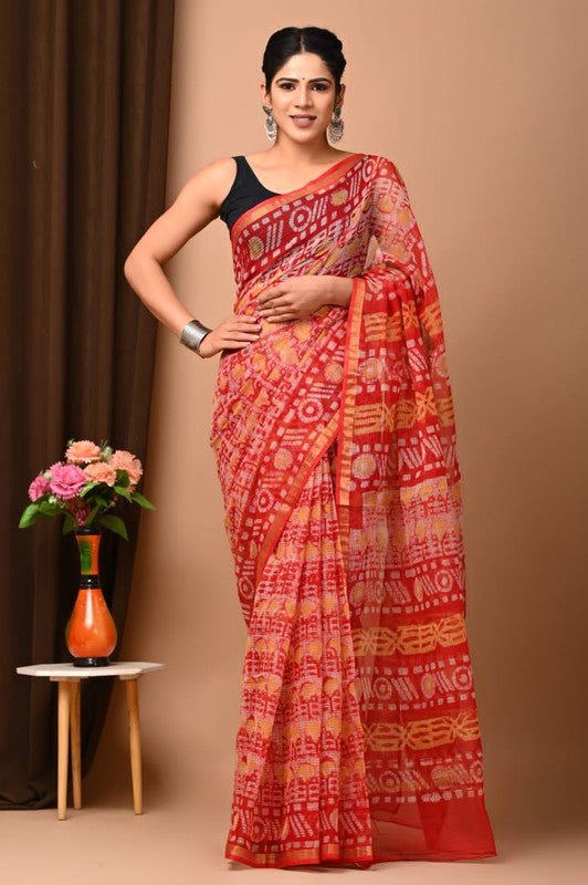 Red & Off White Coloured Beautiful Hand Block printed Women Daily/Party wear Kota Doriya Cotton Saree with Blouse!!