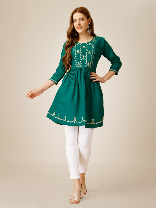 Rama Green Coloured Premium Rayon with Embroidery & Sequence Work Round Neck 3/4 Sleeves work Women Party/Daily wear Western Top!!