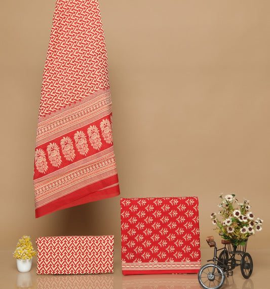 Red Cotton Hand Printed Dress Material with Salwar & Cotton Dupatta!!