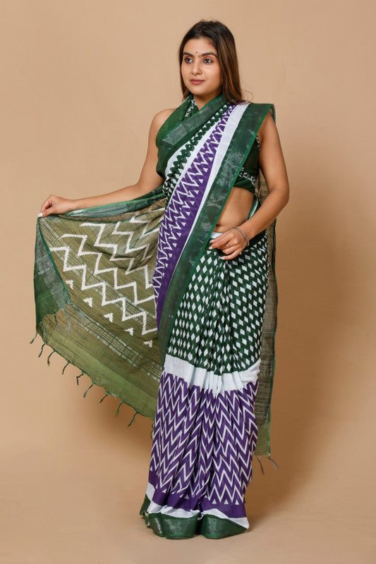 LINEN COTTON HAND BLOCK PRINT SAREE WITH BLOUSE!!