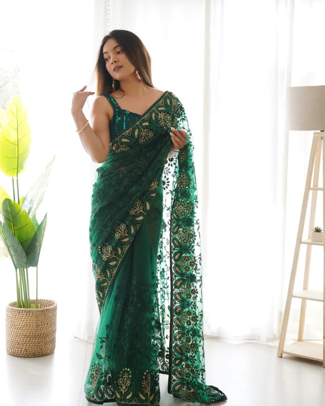 Rama Green Coloured Heavy Butterfly Net with Multi coloured Thread & Aari Embroidery Work Women Designer Party wear Fancy Net Saree with Blouse!!