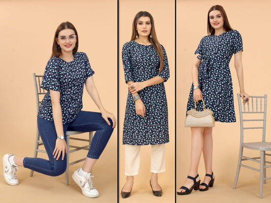 Navy Blue & Multi Coloured Premium Crepe Printed Women Daily wear Kurti, Western Top & Western Dress Combo ( 3 Pcs )!!