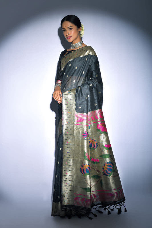 Grey Tussar silk Pure Paithani Silk Saree with pure zari woven broad border!!