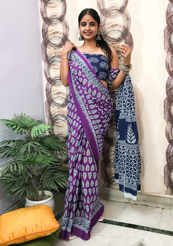 Purple & Multi Coloured Premium Mul Mul Cotton Beautiful Hand Block printed Women Daily/Party wear Saree with Blouse!!