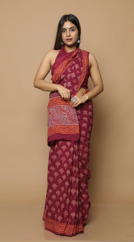 Maroon & Multi Coloured Beautiful Hand Block printed Women Daily/Party wear Pure Cotton Saree with Blouse!!