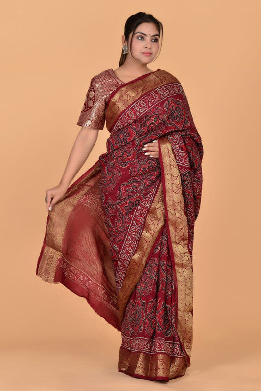 Maroon & Multi Coloured Hand Block Printed Silk border Chit Pallu Women Designer Party wear Cotton Silk Saree with Zari Blouse!!