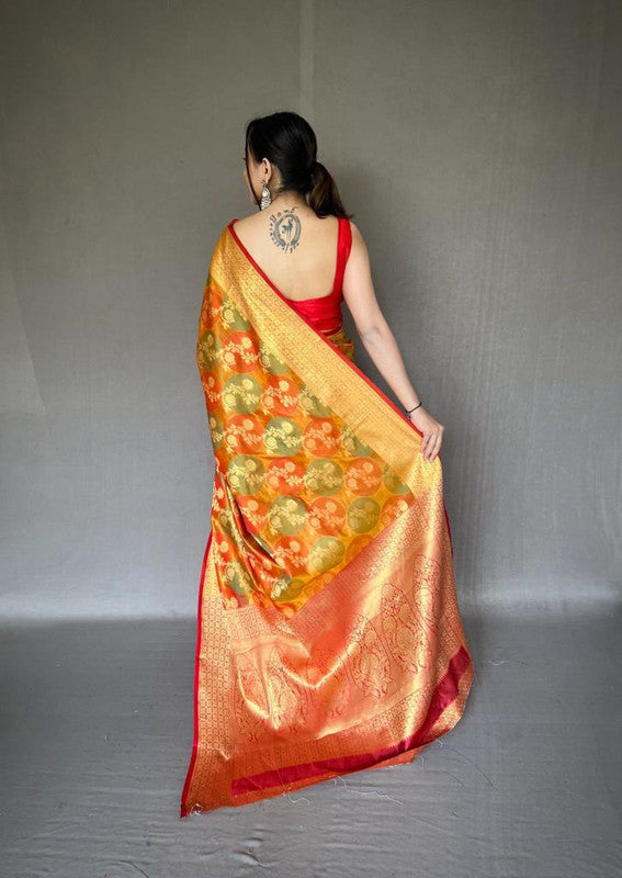 Orange & Multi Coloured Exclusive Gold Zari with Elegant Moti Flower and Rich Pallu Women Designer Party wear Soft Silk Saree with Blouse!!