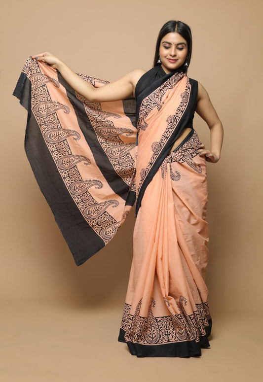 Orange Coloured Coloured Exclusive Hand Printed Mul Cotton Saree with Blouse!!