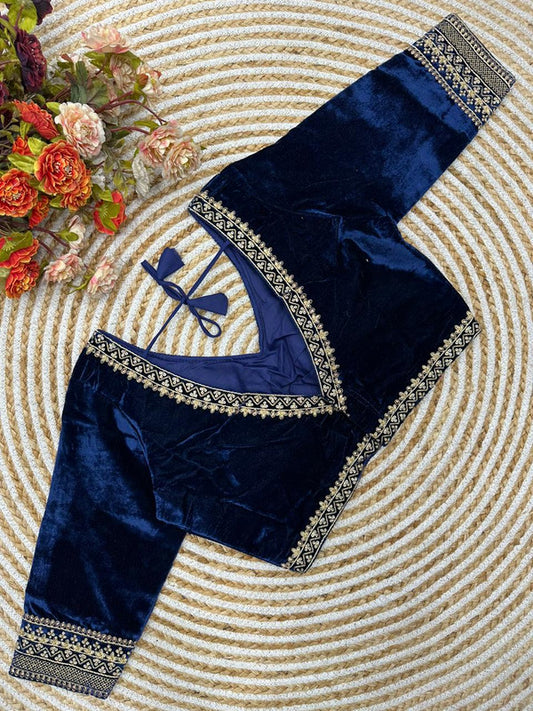 Navy Blue Coloured Premium Pure Velvet Heavy Embroidery & Handwork Woman Ready made Designer Bridal Blouse- Free Size Up to 38 Inch!!
