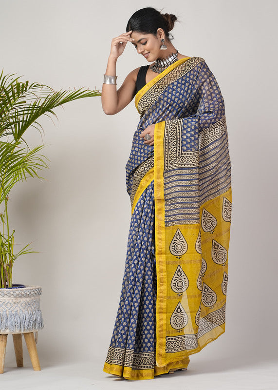 Blue & Multi Coloured Hand Block Printed Women Designer Party wear Maheshwari Cotton Silk Saree with Runnin Blouse!!