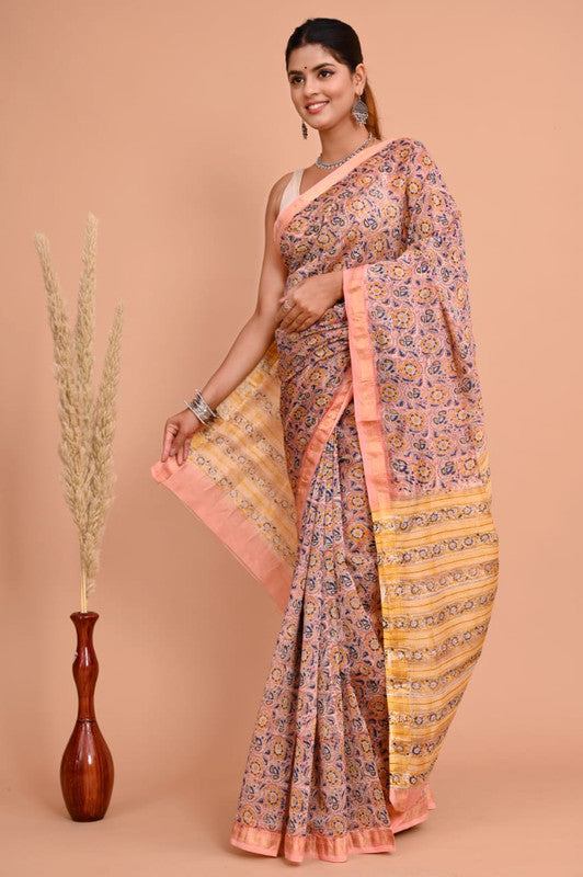 Peach & Multi Coloured Hand Block Printed Women Designer Party wear Maheshwari Cotton Silk Saree with Runnin Blouse!!