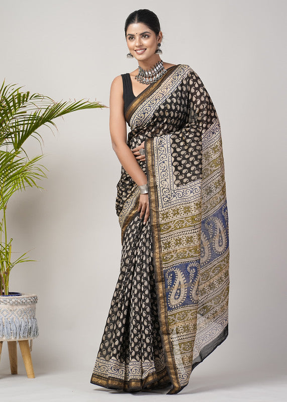 Black & Multi Coloured Hand Block Printed Women Designer Party wear Maheshwari Cotton Silk Saree with Runnin Blouse!!