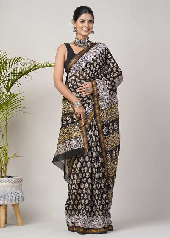 Black & Multi Coloured Hand Block Printed Women Designer Party wear Maheshwari Cotton Silk Saree with Runnin Blouse!!