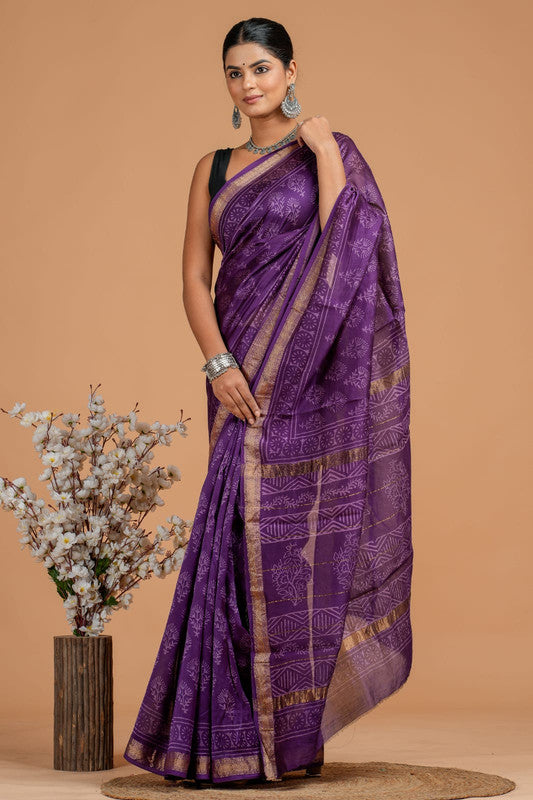 Purple & Off White Coloured Hand Block Printed Women Designer Party wear Maheshwari Cotton Silk Saree with Runnin Blouse!!