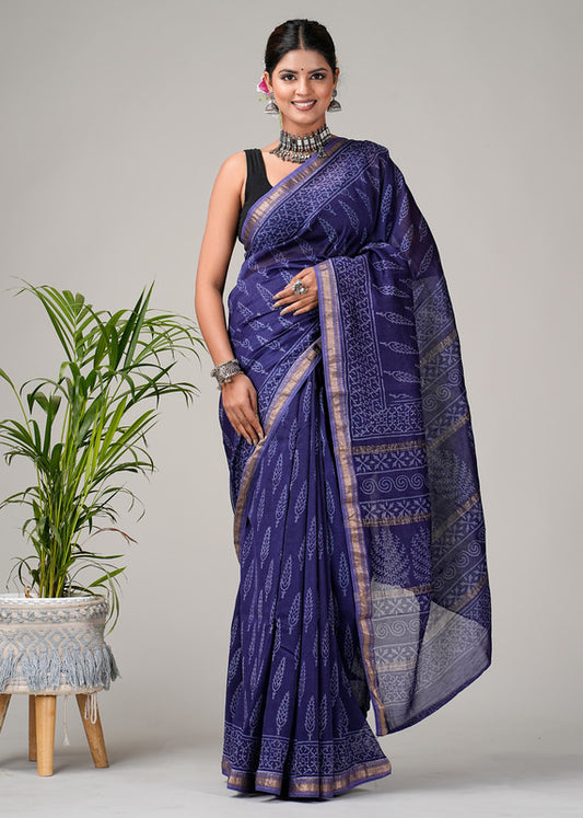 Blue & Off White Coloured Hand Block Printed Women Designer Party wear Maheshwari Cotton Silk Saree with Runnin Blouse!!