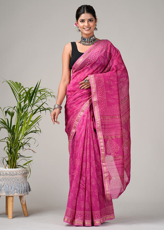 Pink & Off White Coloured Hand Block Printed Women Designer Party wear Maheshwari Cotton Silk Saree with Runnin Blouse!!