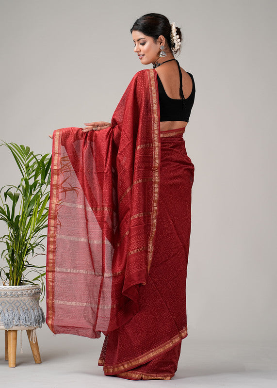 Maroon & Multi Coloured Hand Block Printed Women Designer Party wear Maheshwari Cotton Silk Saree with Runnin Blouse!!