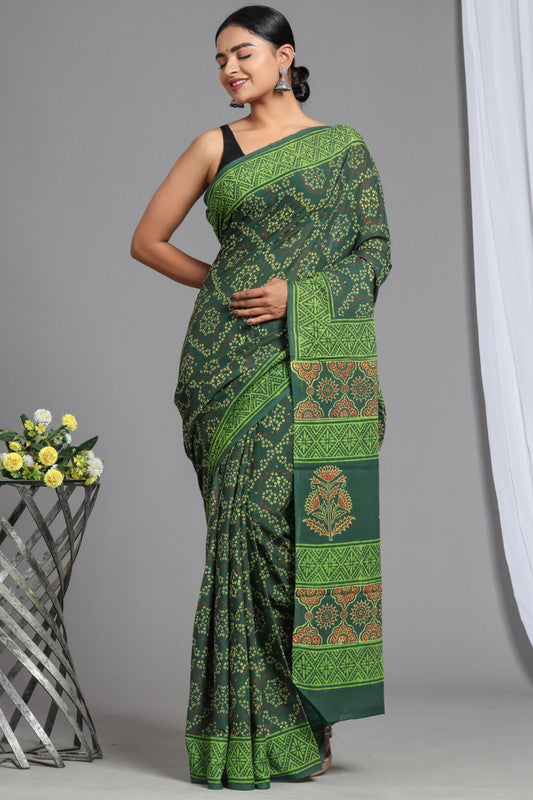 Green & Multi Coloured Pure Cotton Beautiful Hand Block printed Women Daily/Party wear Saree with Blouse!