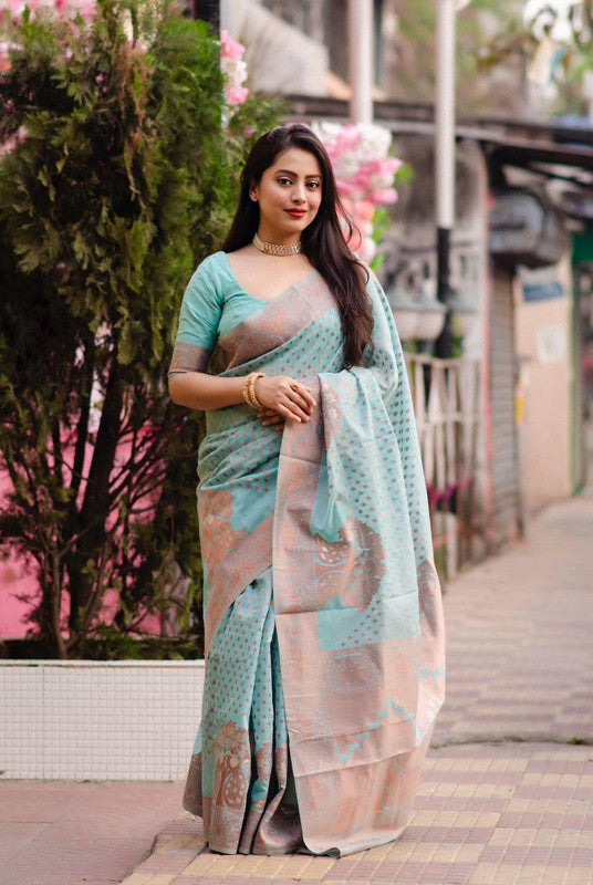 Aqua Blue Coloured Soft Cotton with Copper Zari woven Design Women Designer Party/Daily wear Full length Saree with Blouse!!