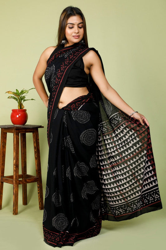 BEAUTIFUL BLACK HAND PRINTED MUL COTTON SAREE!!