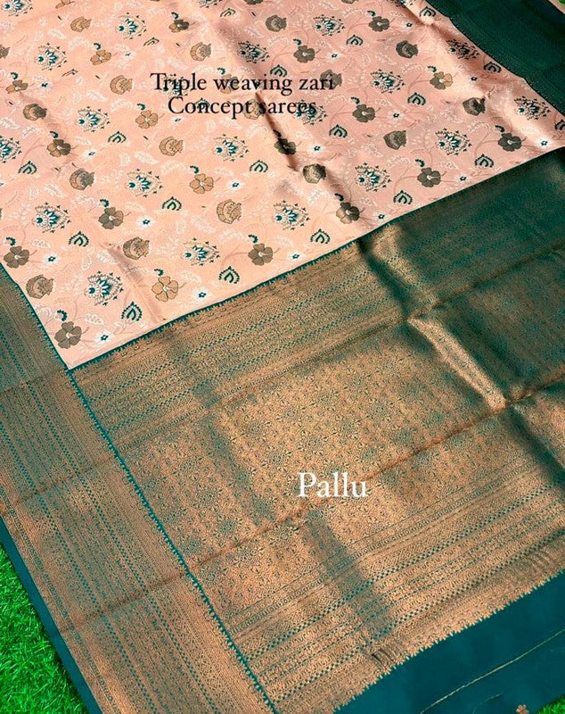 Dark Pink & Blue Coloured Pure Copper Triple Weaving Zari & Meena work Women Party wear Tissue Kanchi Silk Saree with Blouse!!