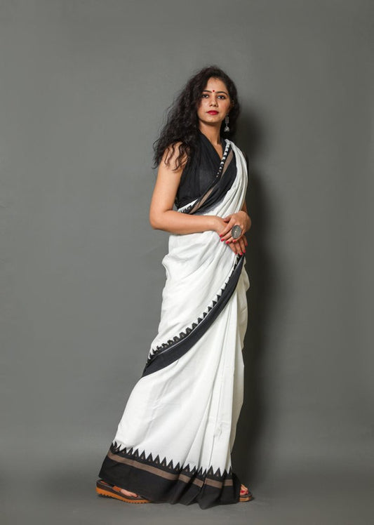 White & Black Coloured Beautiful Hand Block printed Women Daily/Party wear Pure Mul Cotton Saree with Blouse!!