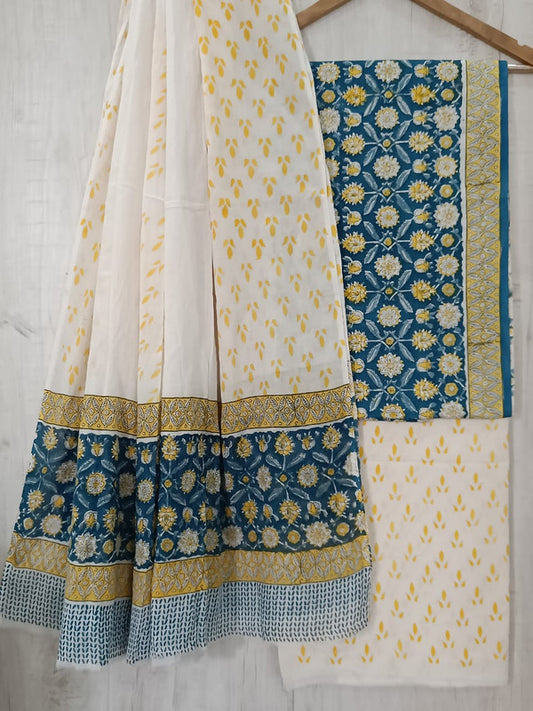 Blue & Yellow Coloured Unstitched Pure Cotton Hand Block Printed Women Party/Daily wear Dress Material Suit- Top with Bottom & Cotton Dupatta!!