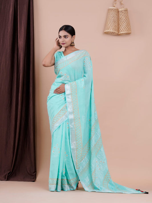 BEAUTIFUL LINEN HAND BLOCK PRINT SAREE