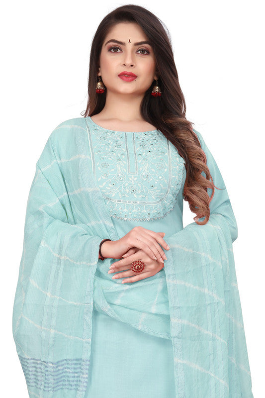 Sky Blue Coloured Pure Cotton with Embroidery work Round Neck 3/4 Sleeves Women Fully Stitched Designer Party/Daily wear Kurti with Pant & Chanderi Dupatta!!