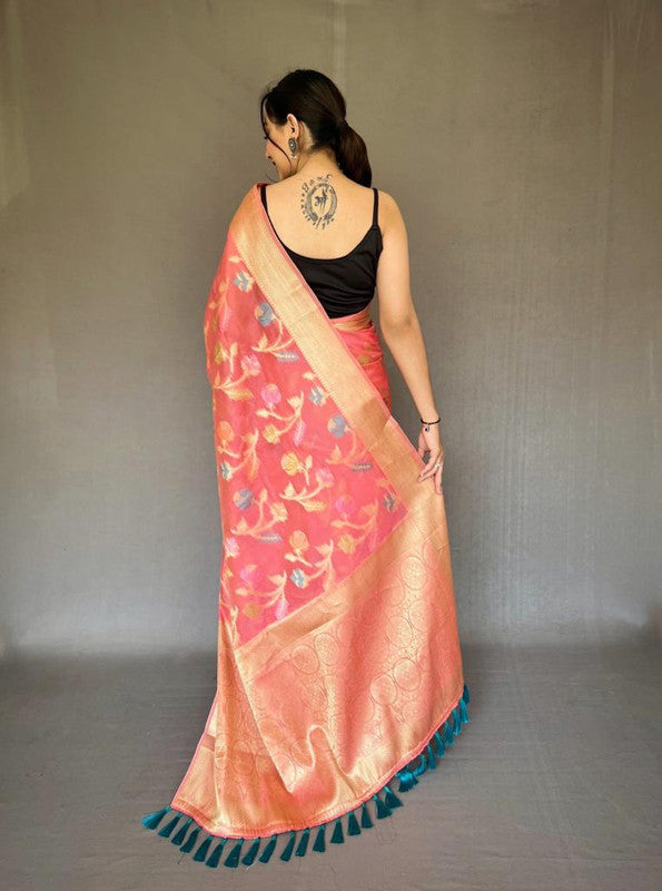 Pink Coloured Pure Organza Tissue Silk with Zari Weaving Meena Work  Women Designer Party wear Silk Saree with Blouse!!