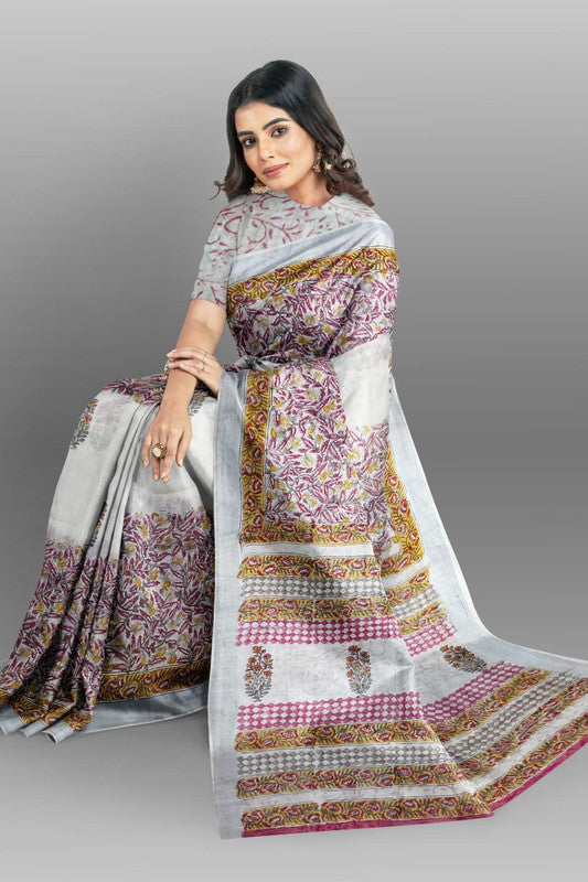 Grey & Multi Coloured Linen Cotton Beautiful Hand Block printed Women Daily/Party wear Saree with Blouse!!