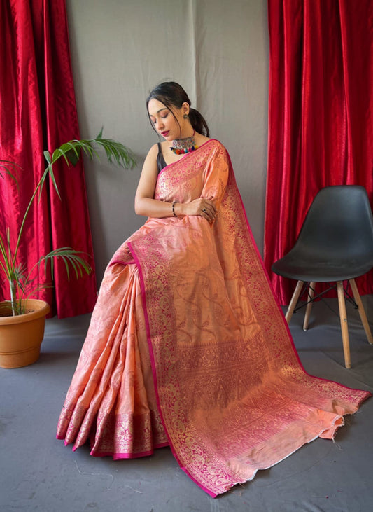 PURE COTTON LINEN SAREE WITH  COPPER AND ROSE  GOLD ZARI