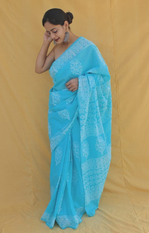 Sky Blue & White Coloured Pure Cotton Beautiful Hand Block printed Women Daily/Party wear Saree with Blouse!!