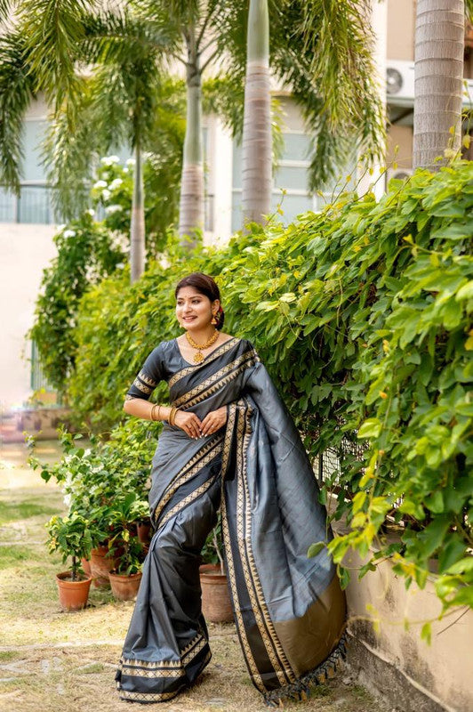 Grey & Gold Coloured Exclusive Soft Raw Silk with Contrast Temple woven Border Women Party wear Soft Raw Silk Saree with Blouse!!