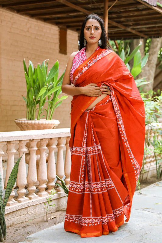 Orange Coloured Cotton Jari Border Saree with Blouse!!