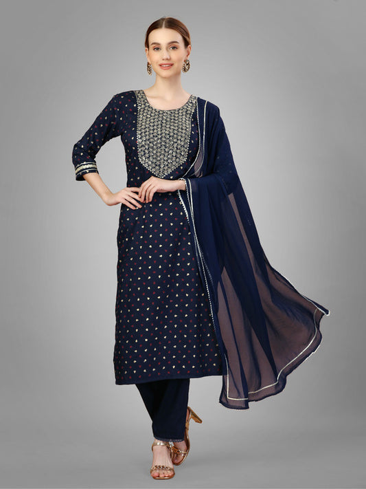 Navy Blue Coloured With Embroidery & Sequence Work Women Designer Party/Casual wear Silk Blend Kurti with Pant & Dupatta!!