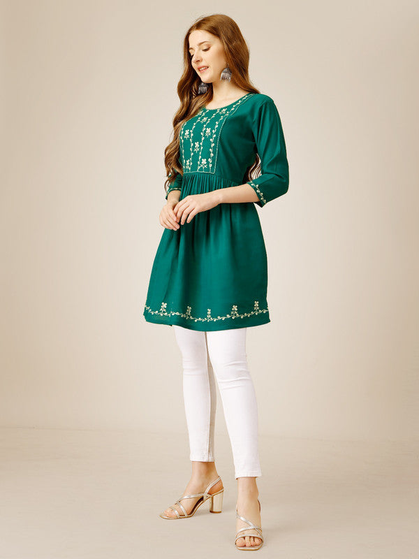 Rama Green Coloured Premium Rayon with Embroidery & Sequence Work Round Neck 3/4 Sleeves work Women Party/Daily wear Western Top!!