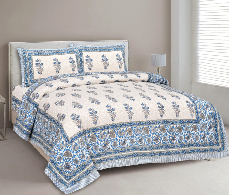 Blue & Multi Coloured Pure Cotton Beautiful Hand Printed Queen size Double Bed sheet with 2 Pillow covers!!