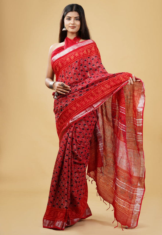 Red Coloured Linen Hand Block Print Saree with Linen Blouse!!