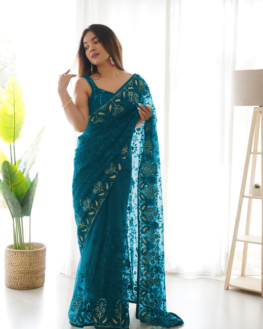 Rama Blue Coloured Heavy Butterfly Net with Multi coloured Thread & Aari Embroidery Work Women Designer Party wear Fancy Net Saree with Blouse!!