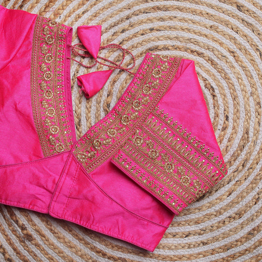 Pink Coloured Pumpkin Silk with Embroidery work & Sequence Woman Designer Wedding Ready made Blouse - 38 Size Fits Up to 40 Inch!!