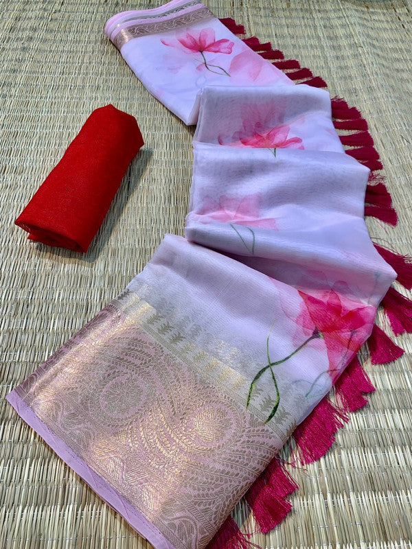 Pink & Multi Coloured Pure Organza Silk with Pichwai print with Sequence Chitt Pallu with 5 inch Gold Weaved Border Women Party wear Silk Saree with Blouse!!