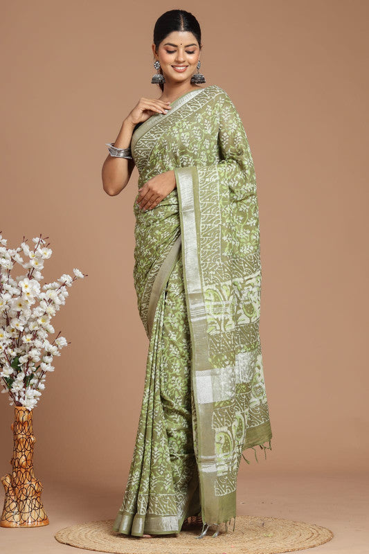 Light Green & Multi Coloured Linen Cotton Beautiful Hand Block printed Women Daily/Party wear Saree with Blouse!!