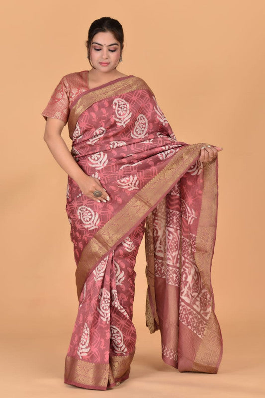 Pink & Multi Coloured Hand Block Printed Silk border Chit Pallu Women Designer Party wear Cotton Silk Saree with Zari Blouse!!